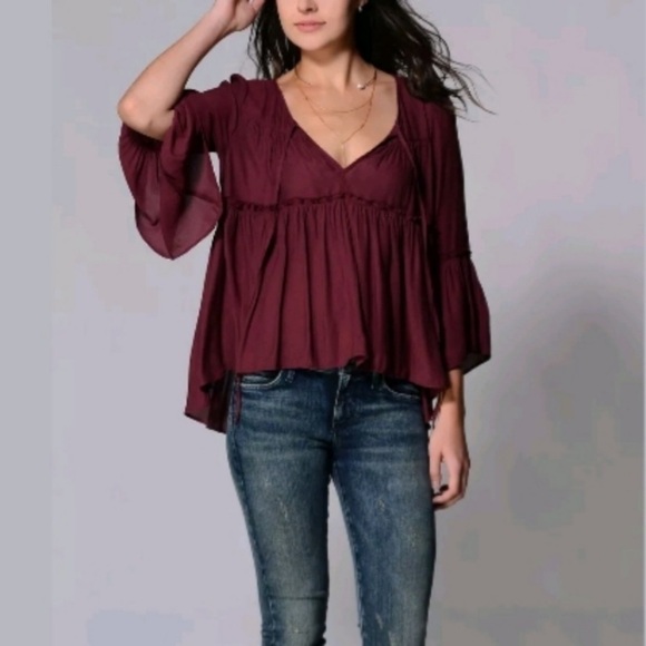 Free People Tiered Flowy Peasant Style Burgundy Blouse EUC - Picture 10 of 12